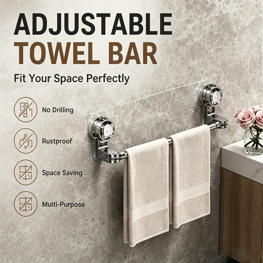 🔄Adjustable Suction Towel Bar, 30-130cm Extendable No Drill Towel Rack, 180° Rotatable, Heavy Duty for Bathroom & Kitchen!-WBJ