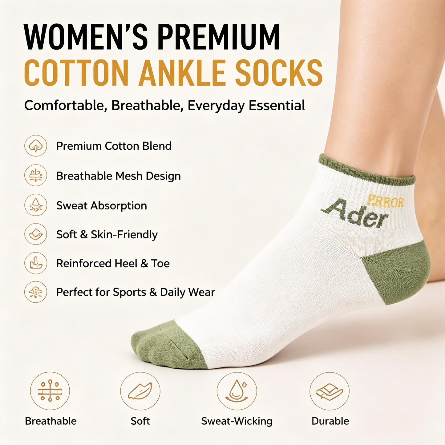 🧦 Anti-Odor Cotton Ankle Socks | Breathable Mesh, One Size Fits Most, 5-Pair Random Pack-WBJ