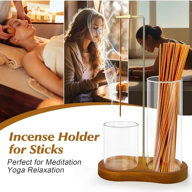 2 in 1 Incense & Candle Holder, 1 Count Wooden Base Aromatherapy Diffuser Incense Burner with Removable Glass Ash Collector, Woody Home Decor Ornament for Living Room Bedroom, Funny Gift, Scented, Aroma, Fragrance Perfume.-KPL