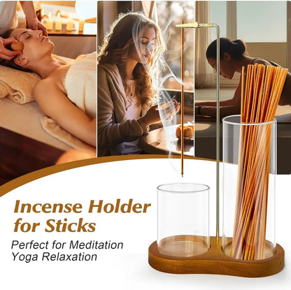 2 in 1 Incense & Candle Holder, 1 Count Wooden Base Aromatherapy Diffuser Incense Burner with Removable Glass Ash Collector, Woody Home Decor Ornament for Living Room Bedroom, Funny Gift, Scented, Aroma, Fragrance Perfume.-KPL
