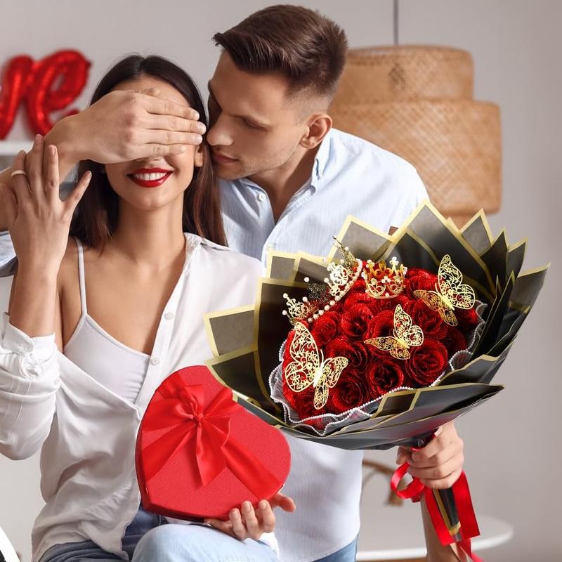 Mother’s Day Glitter Rose Bouquet DIY Artificial Flower Set with 3D Butterfly, Crown, Alphabet Stickers & Ribbon — Perfect Gift for Girlfriend, Wife, Mom & Women, Ideal for Valentine’s Day, Birthdays, Proposals, Anniversaries & Graduation 💐✨-KPL