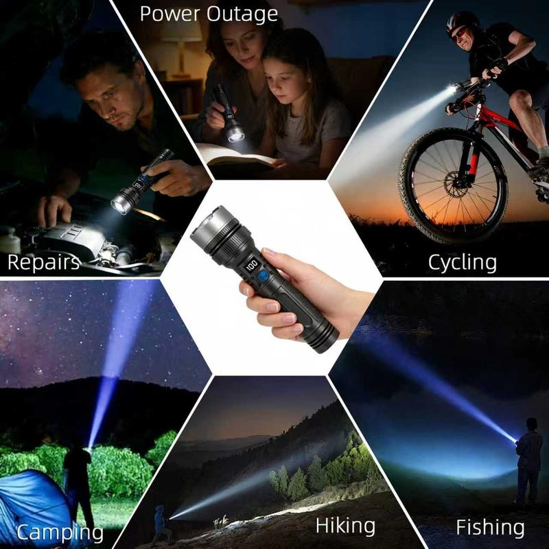🔦2-in-1 Strong Flashlight (Power Bank)🔦, Digital display ofpower, Rechargeable, Zoomable,, X4Waterproof,Adjustable Brightness Flash Light for Outdoor, Emergency,Camping Accessories.-AUX