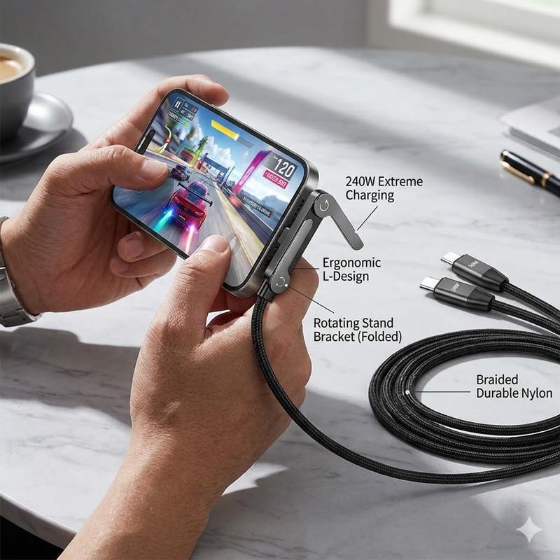 🔥📱Invisible Holder Charger Cable with Stand, super fast charging 2-in-1 Fast Charging Cord & Phone Stand for Gaming, Office, Car Travel, Compatible with Type-C charging cable Black-AUX