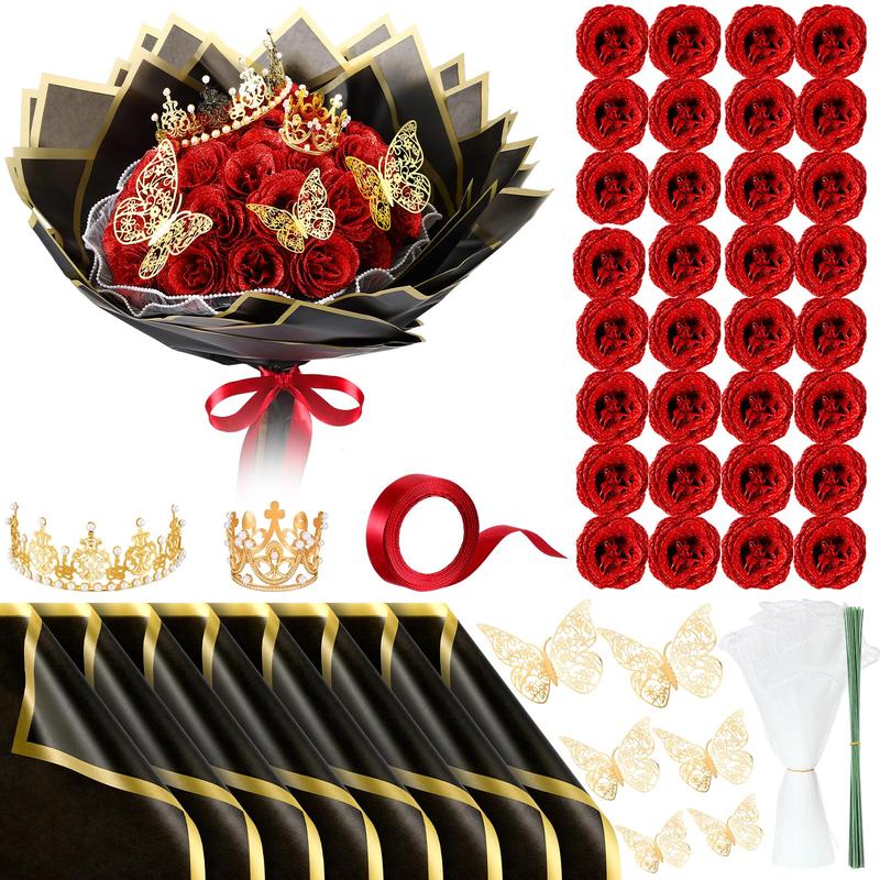 Mother’s Day Glitter Rose Bouquet DIY Artificial Flower Set with 3D Butterfly, Crown, Alphabet Stickers & Ribbon — Perfect Gift for Girlfriend, Wife, Mom & Women, Ideal for Valentine’s Day, Birthdays, Proposals, Anniversaries & Graduation 💐✨-KPL