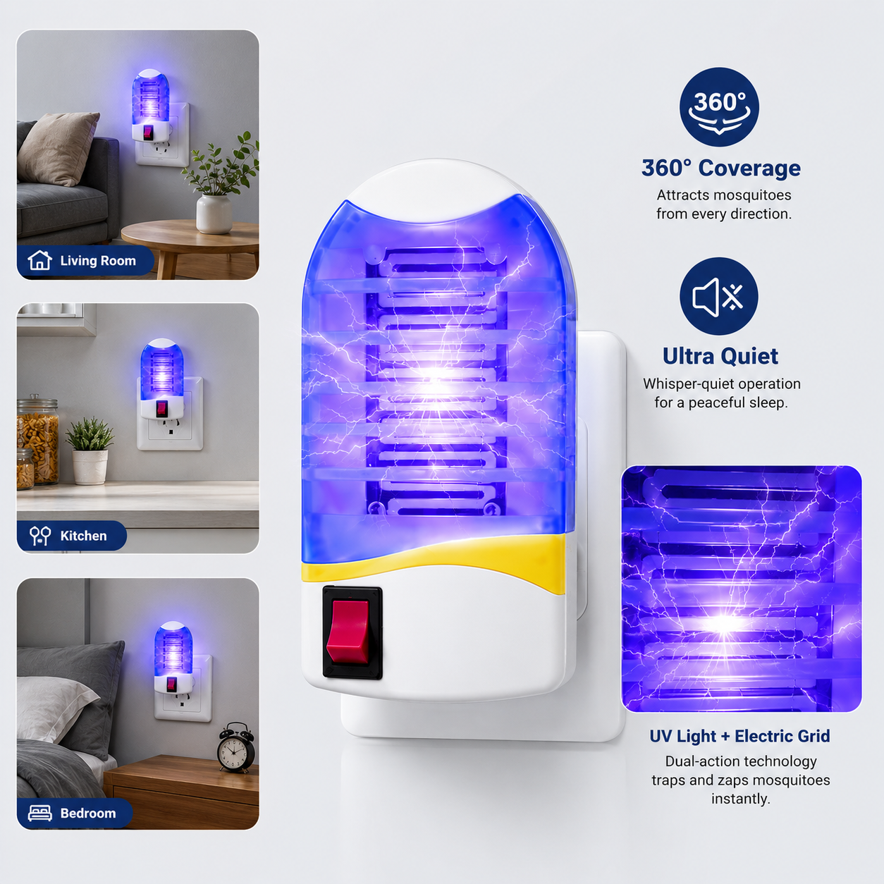 Plug In UV Light Mosquito Killer Lamp 360° Coverage Silent Electric Bug Zapper 2 In 1 Night Light Safe For Family Bedroom Kitchen Indoor-QZZ
