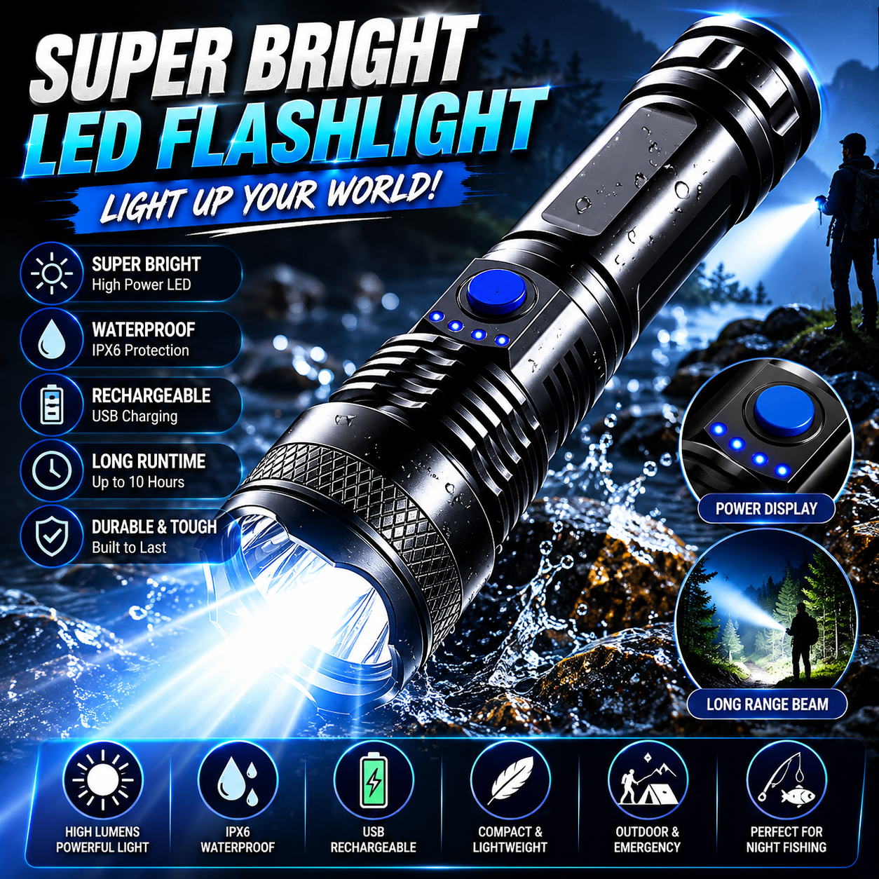 🔦Super Bright LED Flashlight – 🎣Rechargeable Waterproof Tactical Torch for Outdoor & Emergency Use-YOY