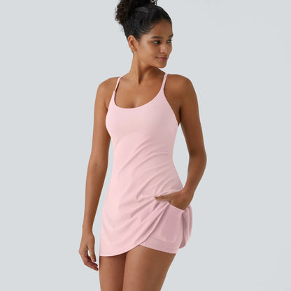 💖 Women’s Tennis Dress with Crisscross Back & Built-in Shorts | 5 Colors Available-WBJ