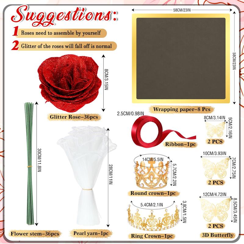 Mother’s Day Glitter Rose Bouquet DIY Artificial Flower Set with 3D Butterfly, Crown, Alphabet Stickers & Ribbon — Perfect Gift for Girlfriend, Wife, Mom & Women, Ideal for Valentine’s Day, Birthdays, Proposals, Anniversaries & Graduation 💐✨-KPL