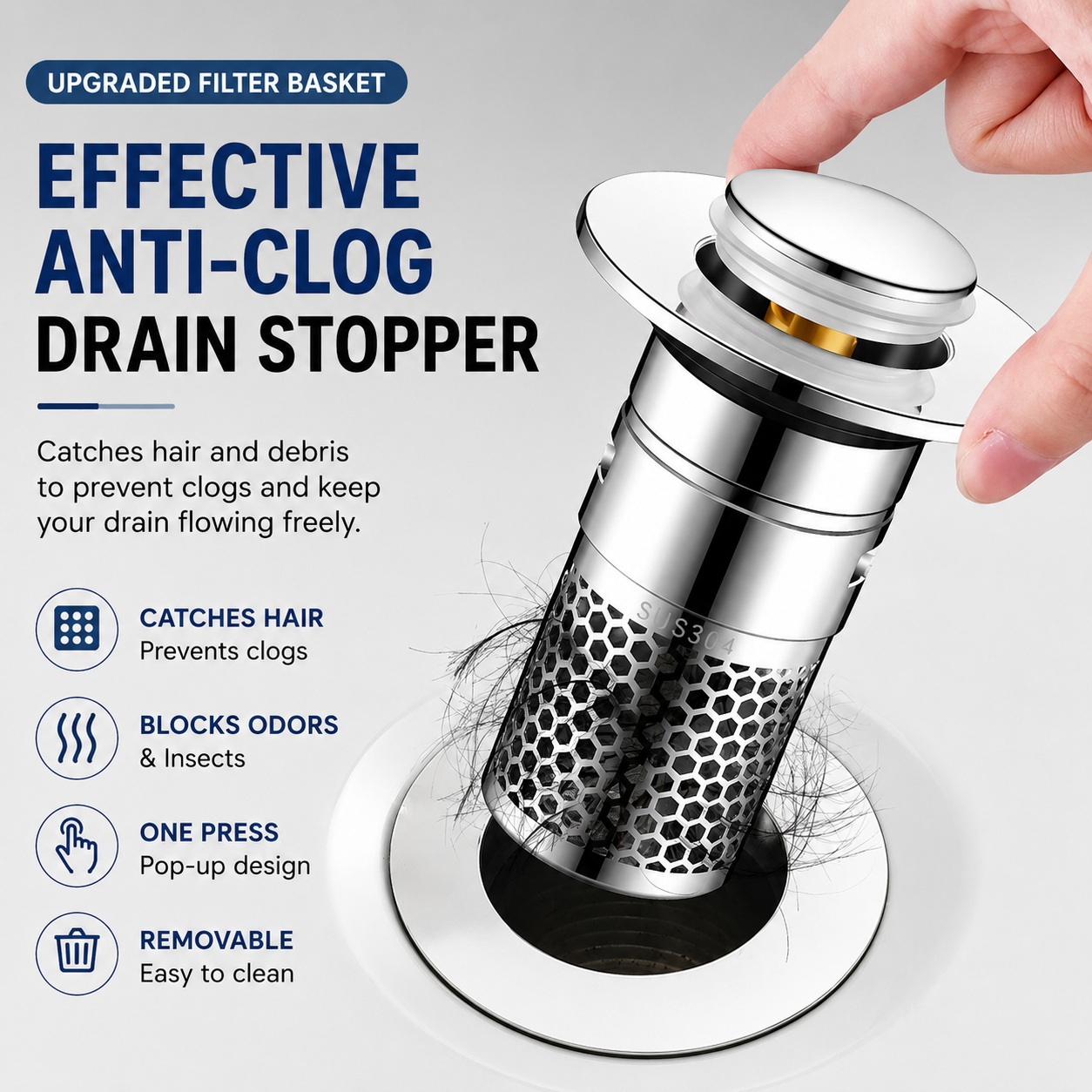 🚿Universal Pop-Up Bathroom Sink Drain Filter with Removable Stainless Steel Hair Catcher Basket🦠 Anti-Odor &Anti-Insect Design-YOY