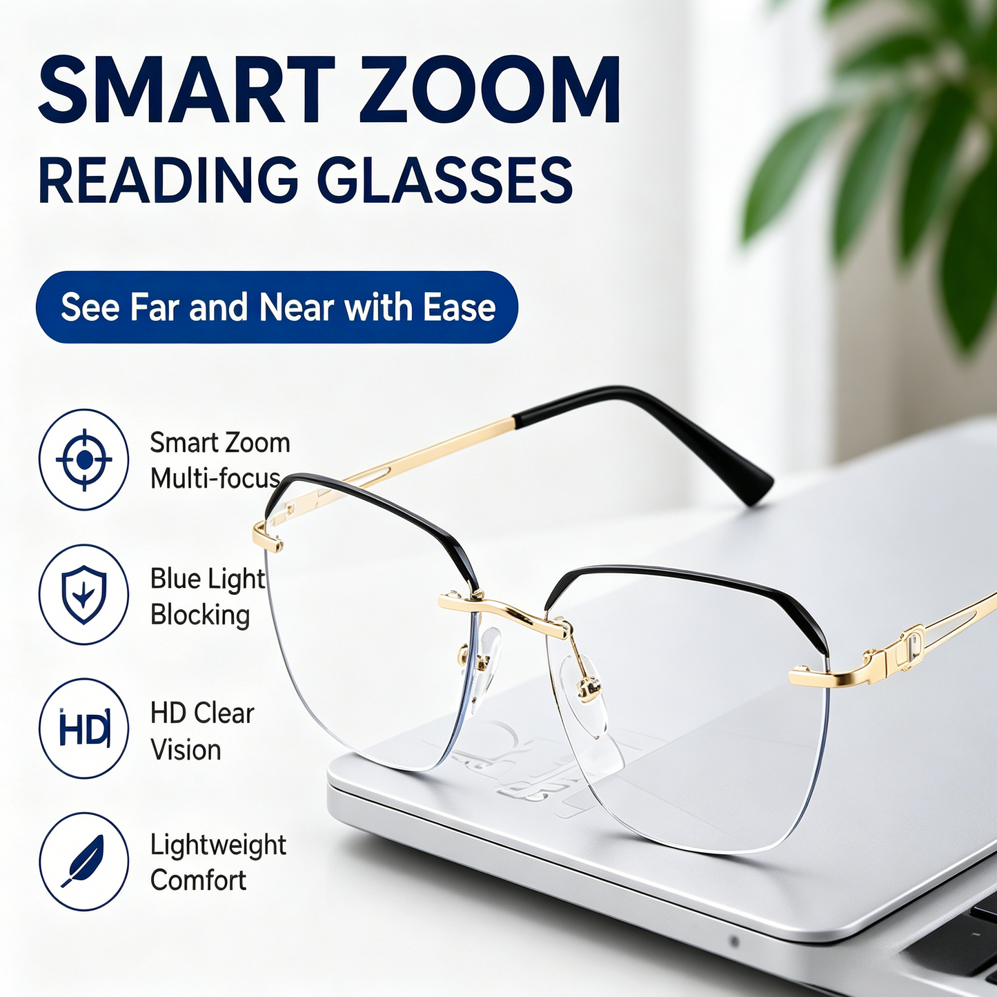 👓 Smart Zoom Reading Glasses | Progressive Multi-Focus, Blue Light Blocking, Anti-Fatigue-LT