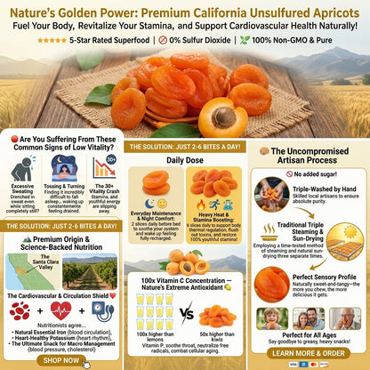 🍑Pure California Sunshine: Premium Unsulfured Dried Apricots — 🍃Whole, Sun-Dried & Naturally Sweet-XXS
