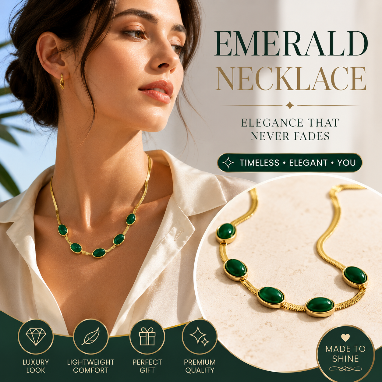 💚Elegant Emerald Gold Necklace🎁Vintage Oval Gemstone Statement Chain for Women-YOY