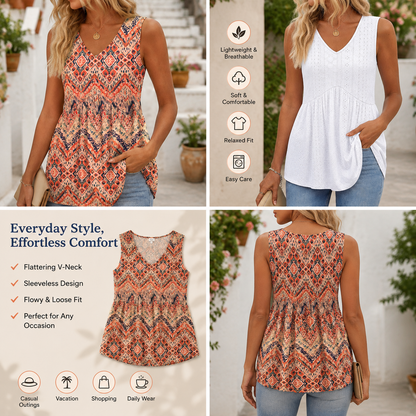 Everyday Comfortable V-neck Sleeveless Pleated Top - Flowy Summer High-End Top in 22 Vibrant Prints and Solid Colors-XXS