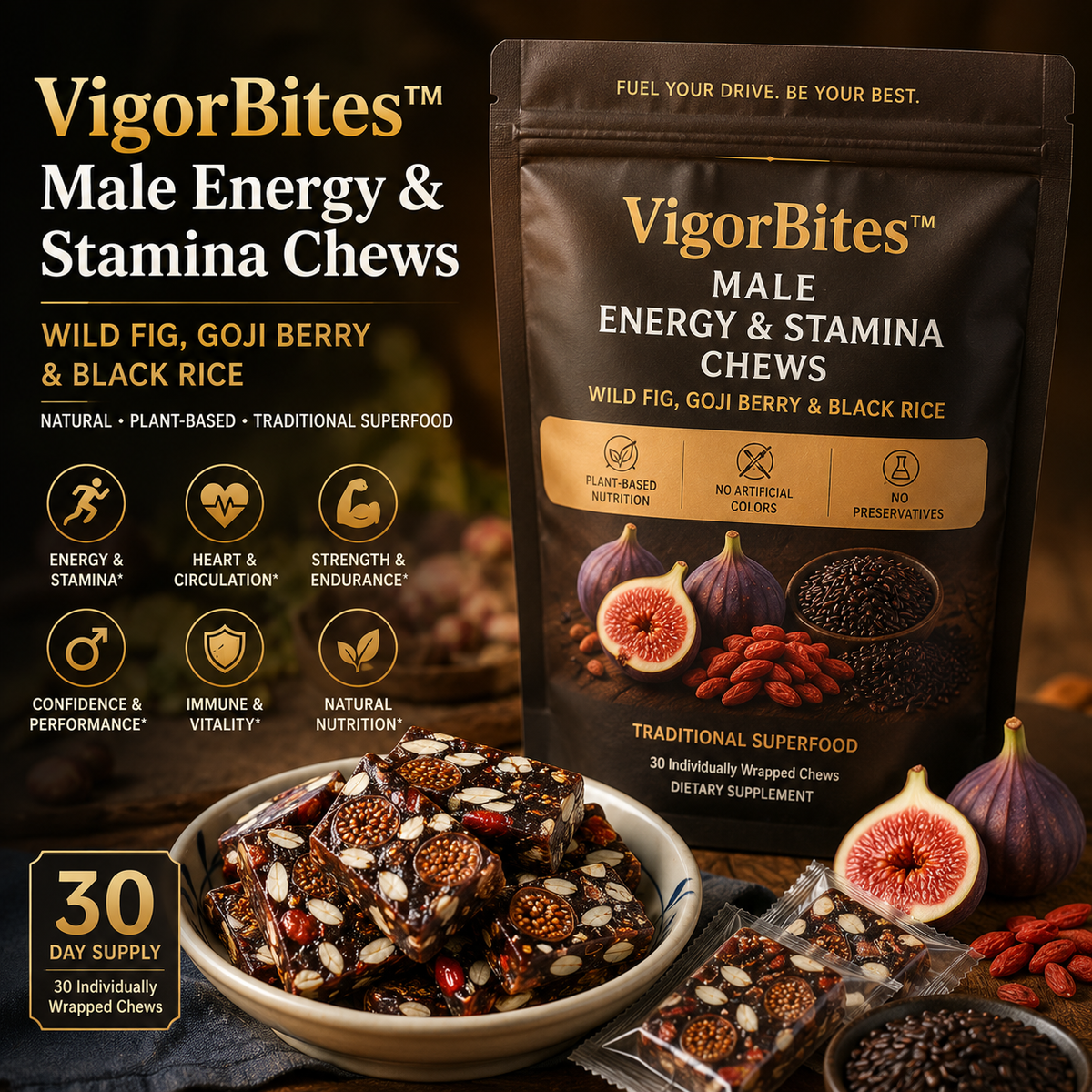 VigorBites™ Male Energy & Stamina Chews – Wild Fig, Goji Berry & Black Rice (30-Day Supply) LGZ