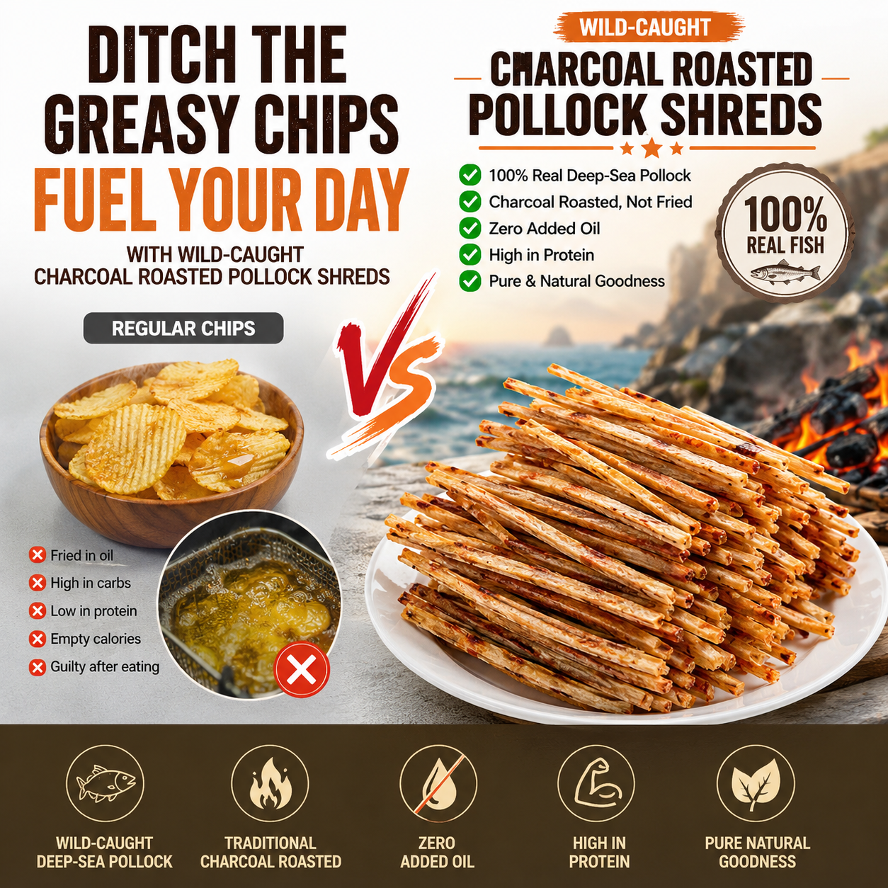 🔥 Wild-Caught Charcoal Roasted Pollock Shreds – High Protein Seafood Snack 🐟 LGZ