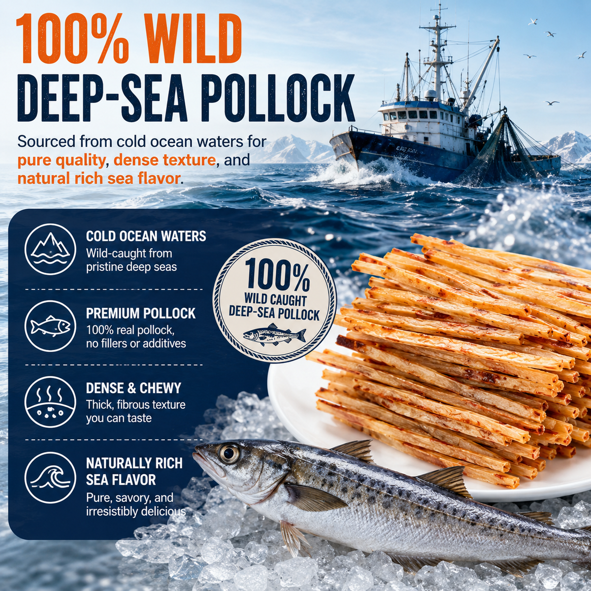 🔥 Wild-Caught Charcoal Roasted Pollock Shreds – High Protein Seafood Snack 🐟 LGZ
