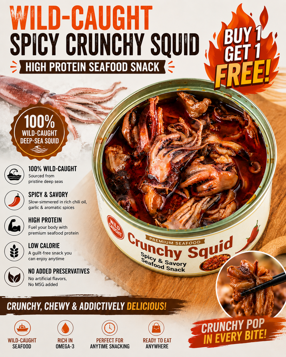 🦑 Wild-Caught Spicy Crunchy Squid – High Protein Seafood Snack 💥 (Buy 1 Get 1 FREE) LGZ