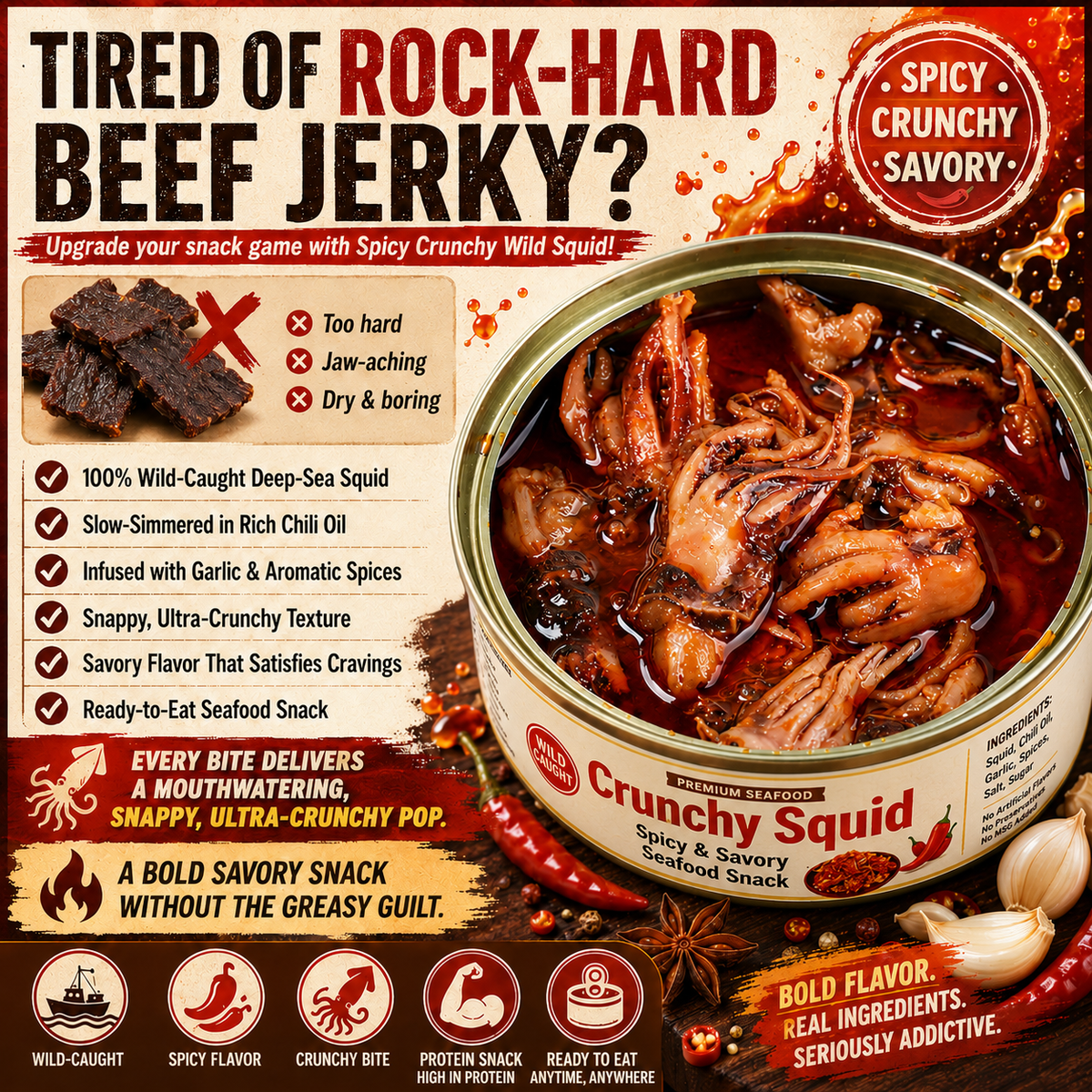 🦑 Wild-Caught Spicy Crunchy Squid – High Protein Seafood Snack 💥 (Buy 1 Get 1 FREE) LGZ