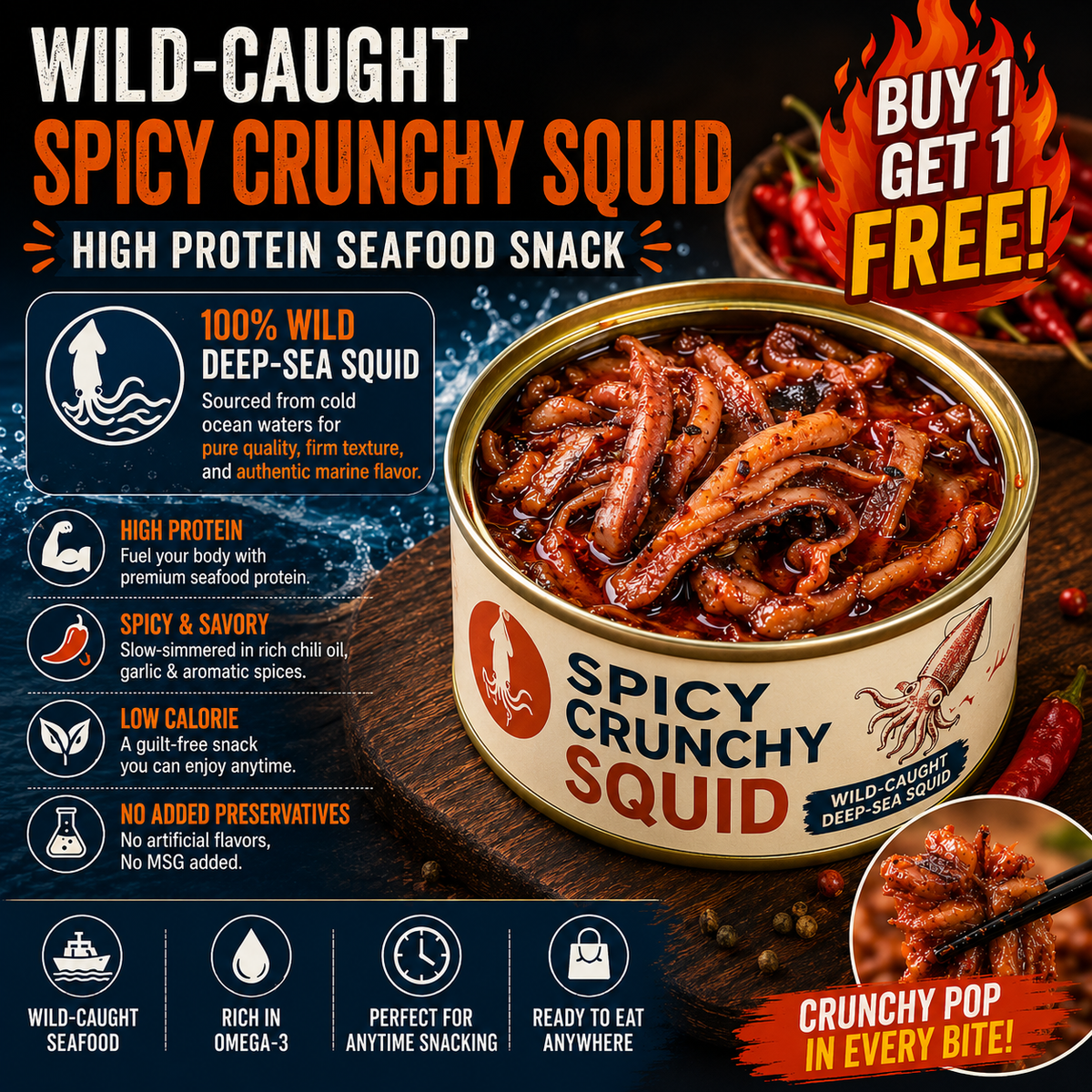 🦑 Wild-Caught Spicy Crunchy Squid – High Protein Seafood Snack 💥 (Buy 1 Get 1 FREE) LGZ
