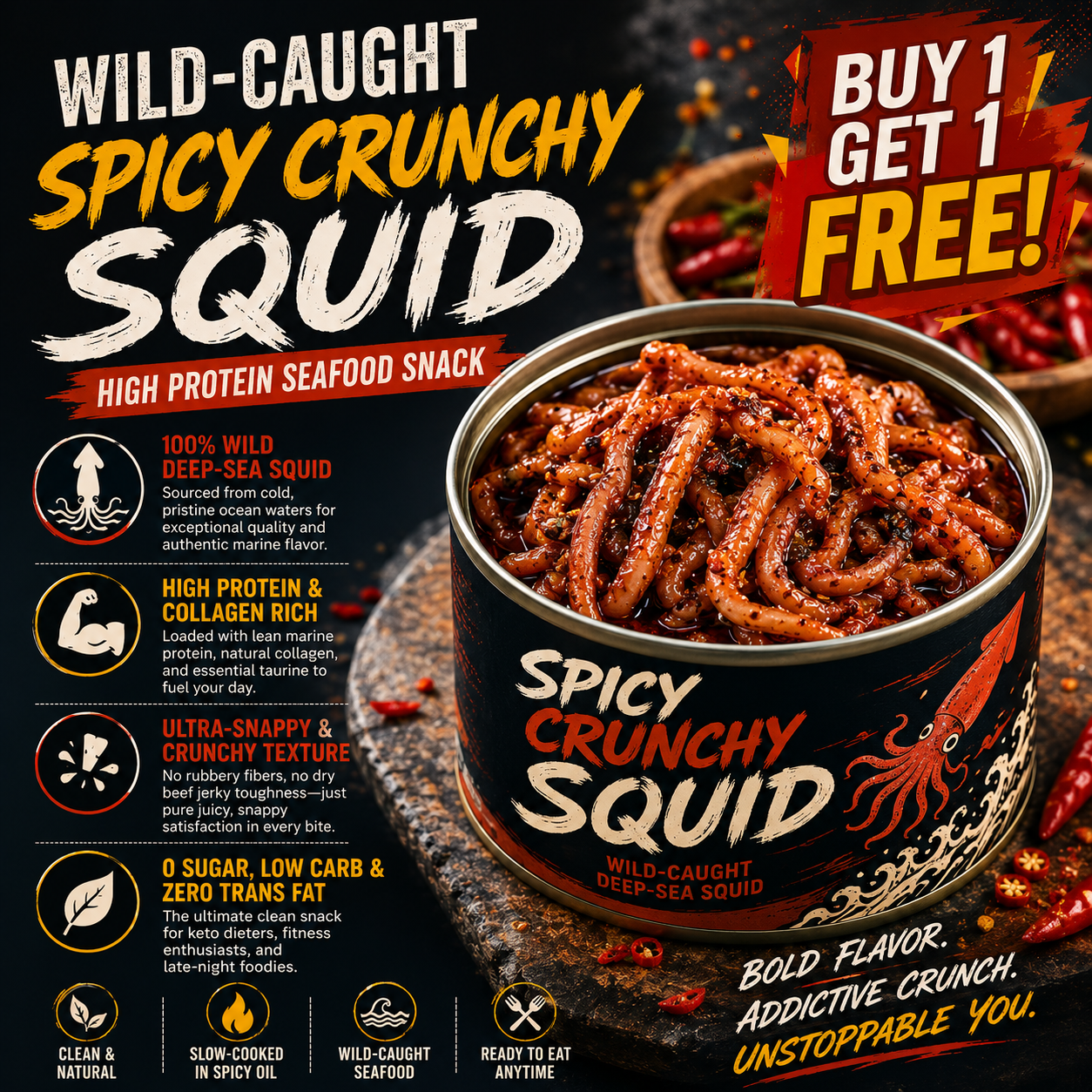 🦑 Wild-Caught Spicy Crunchy Squid – High Protein Seafood Snack 💥 (Buy 1 Get 1 FREE) LGZ