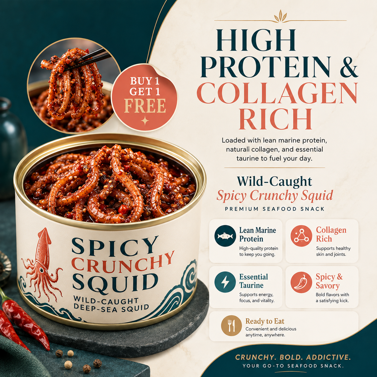 🦑 Wild-Caught Spicy Crunchy Squid – High Protein Seafood Snack 💥 (Buy 1 Get 1 FREE) LGZ