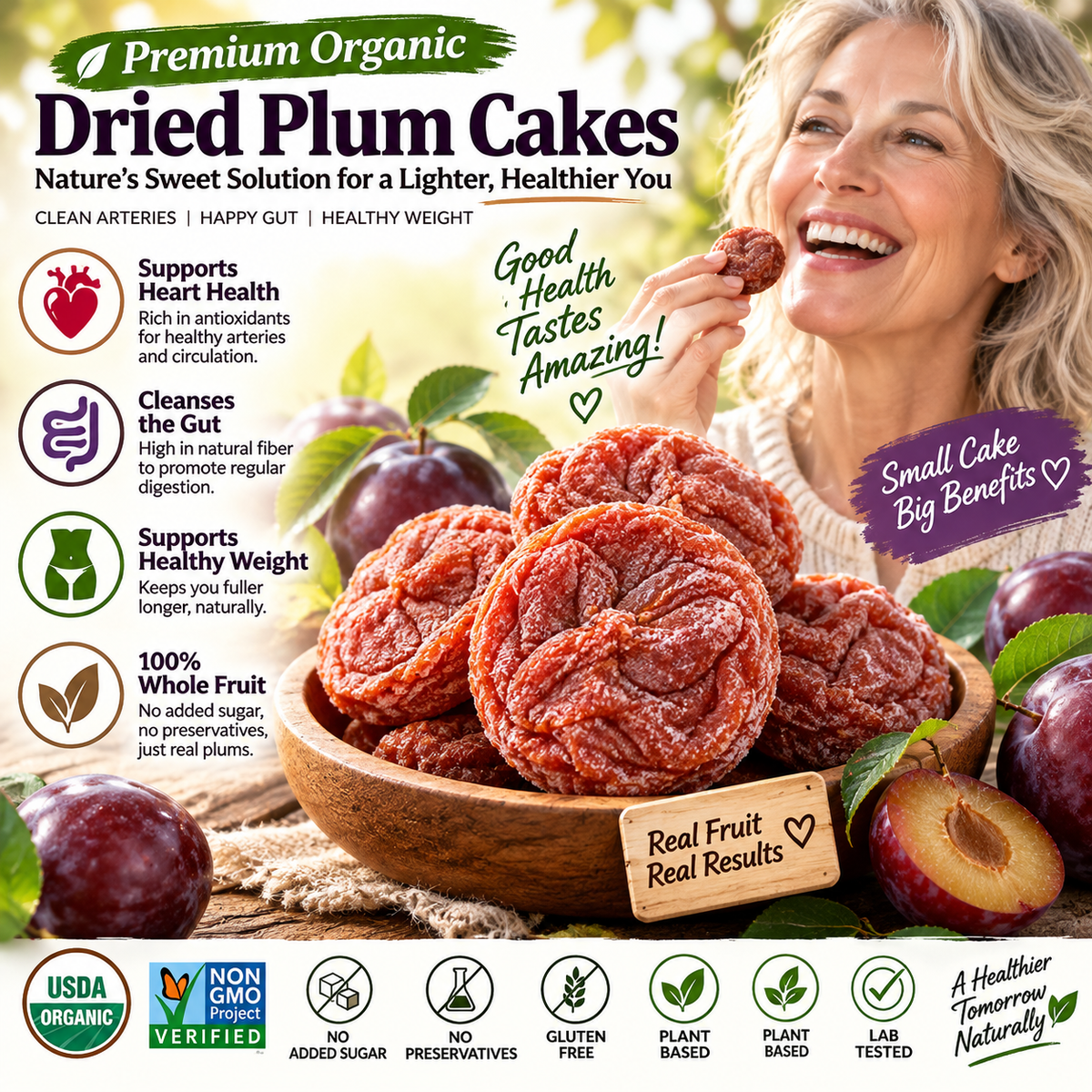 Premium Organic Dried Plums - Natural Arterial & Gut Cleanse, Weight Loss Support (100% Whole Dried Fruit, Lab-Tested) LGZ