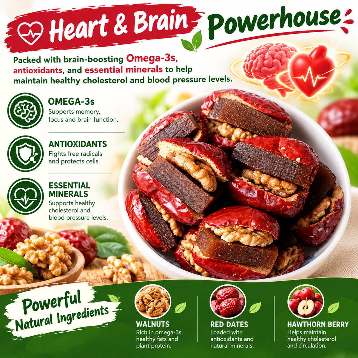 🌿 3-in-1 Superfood Energy Bites - Organic Red Dates Stuffed with Crunchy Walnuts & Hawthorn Berry (Zero Added Sugar, Gut & Heart Health) 🩸 LGZ
