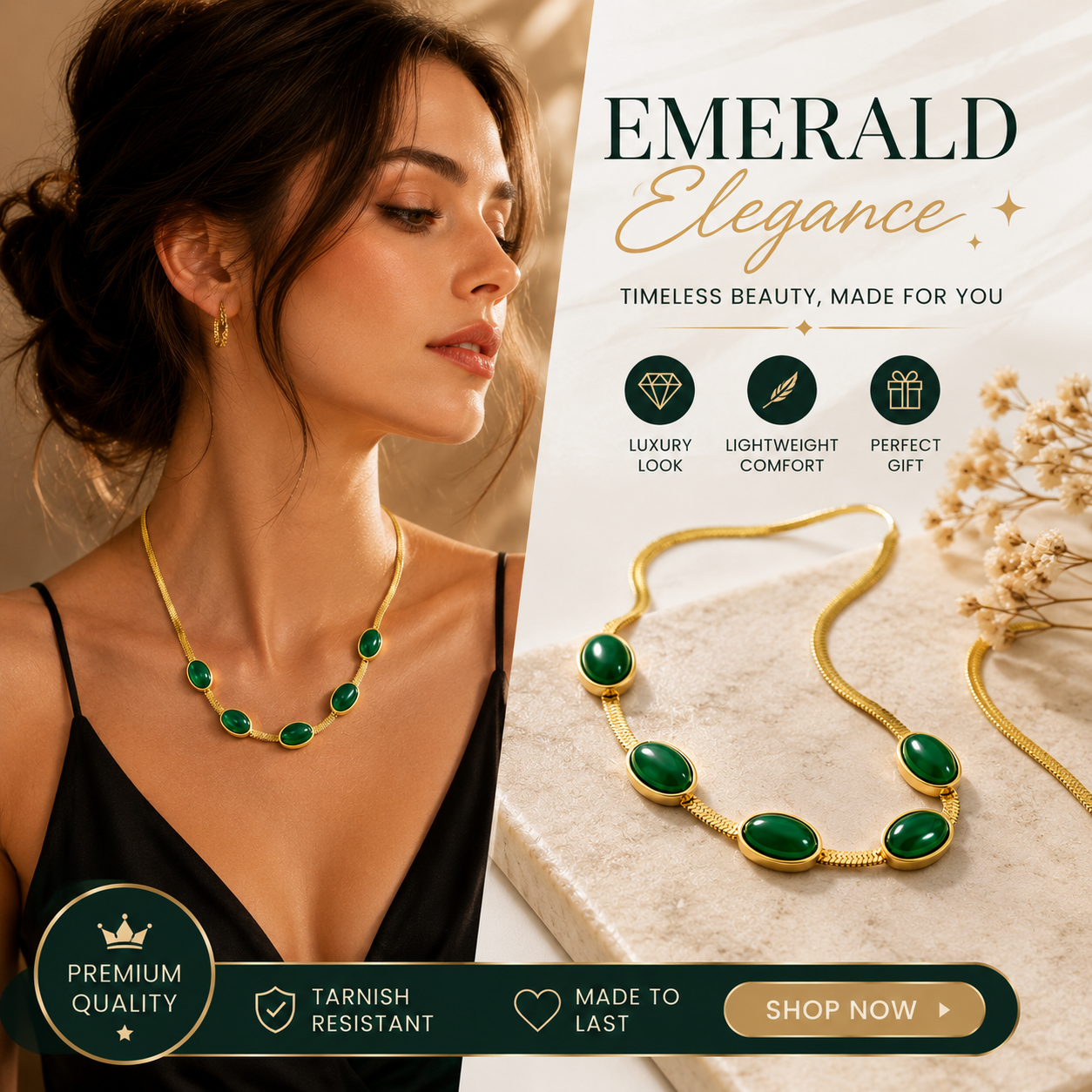 💚Elegant Emerald Gold Necklace🎁Vintage Oval Gemstone Statement Chain for Women-YOY