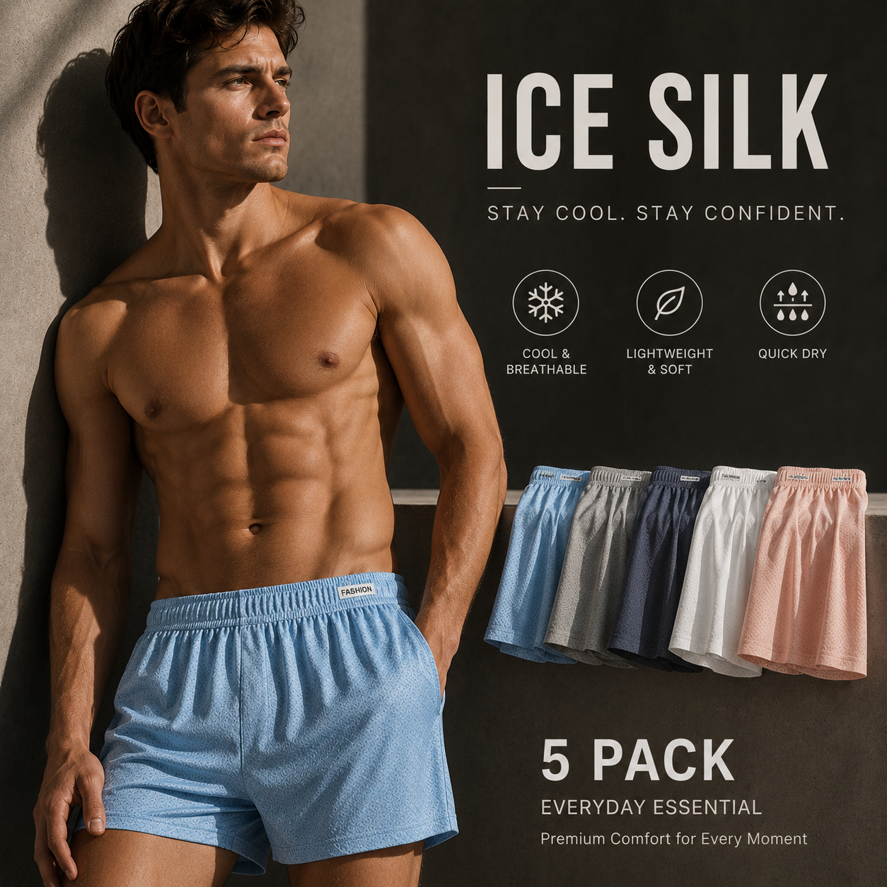 ❄️Men's Ice Silk Shorts | Breathable & Quick‑Dry, Cooling Sensation, Antibacterial & Odor‑Resistant, 3‑in‑1 for Underwear / Sleepwear / Beachwear-AUX