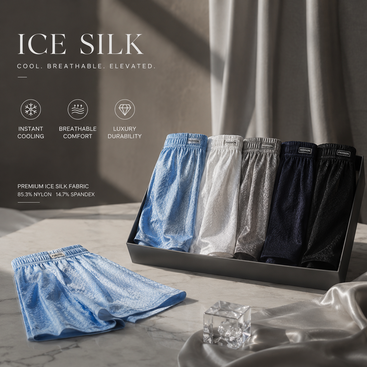 ❄️Men's Ice Silk Shorts | Breathable & Quick‑Dry, Cooling Sensation, Antibacterial & Odor‑Resistant, 3‑in‑1 for Underwear / Sleepwear / Beachwear-AUX