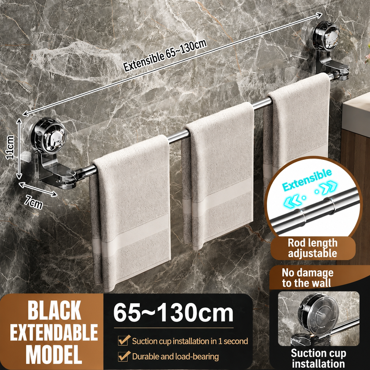 🔄Adjustable Suction Towel Bar, 30-130cm Extendable No Drill Towel Rack, 180° Rotatable, Heavy Duty for Bathroom & Kitchen!-WBJ