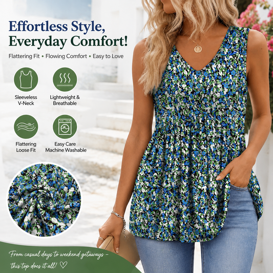 Everyday Comfortable V-neck Sleeveless Pleated Top - Flowy Summer High-End Top in 22 Vibrant Prints and Solid Colors-XXS