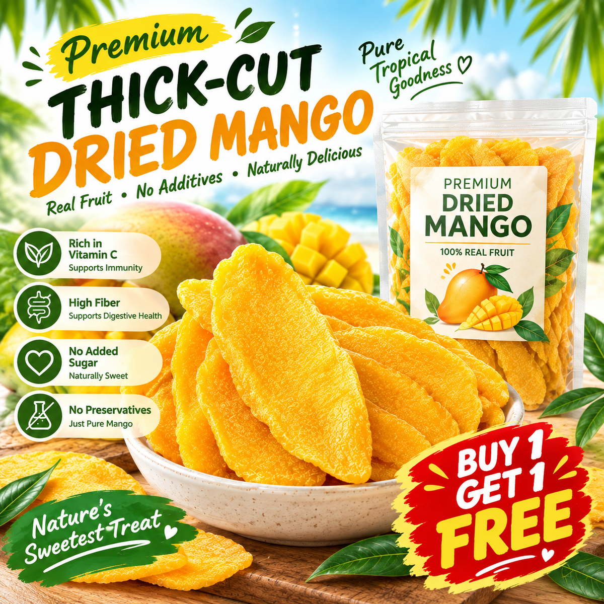 100% Organic Sun-Drenched Dried Mango Slices – Low-Temp Dried, Zero Added Sugar, Soft & Chewy LGZ