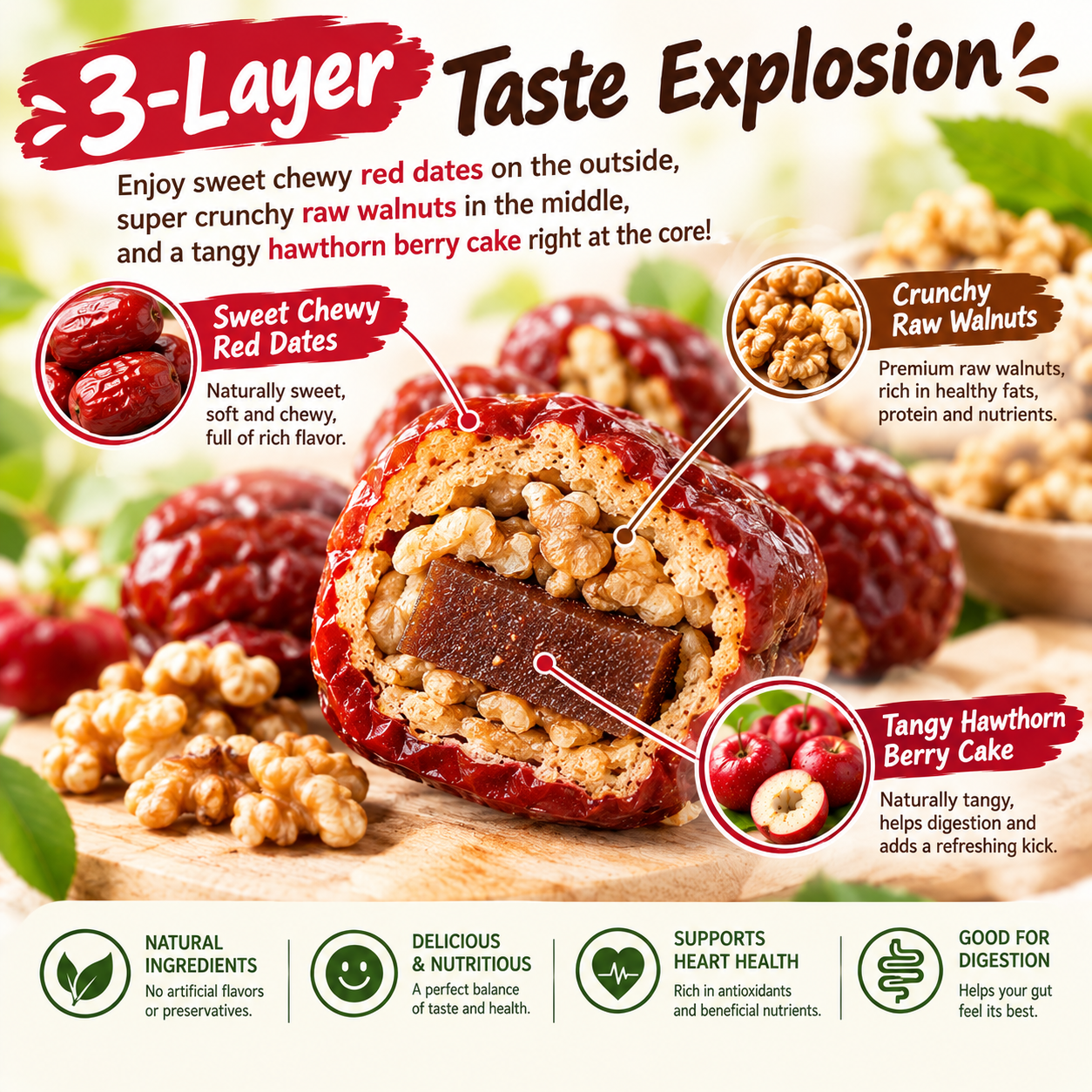🌿 3-in-1 Superfood Energy Bites - Organic Red Dates Stuffed with Crunchy Walnuts & Hawthorn Berry (Zero Added Sugar, Gut & Heart Health) 🩸 LGZ