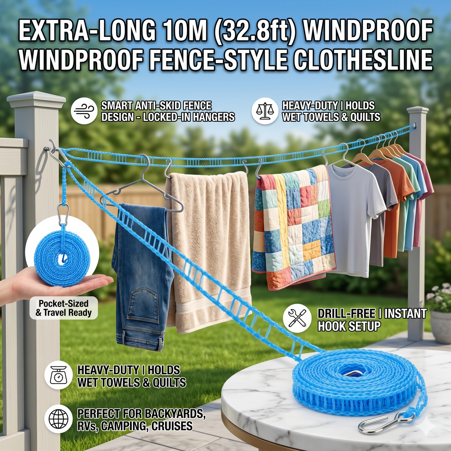 10M (32.8ft) Portable Windproof Clothesline | Retractable Fence-Style Non-Slip Drying Rope with Hooks for Outdoor, Travel, Camping & Home 🧺✨ LGZ