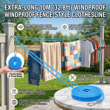 10M (32.8ft) Portable Windproof Clothesline | Retractable Fence-Style Non-Slip Drying Rope with Hooks for Outdoor, Travel, Camping & Home 🧺✨ LGZ