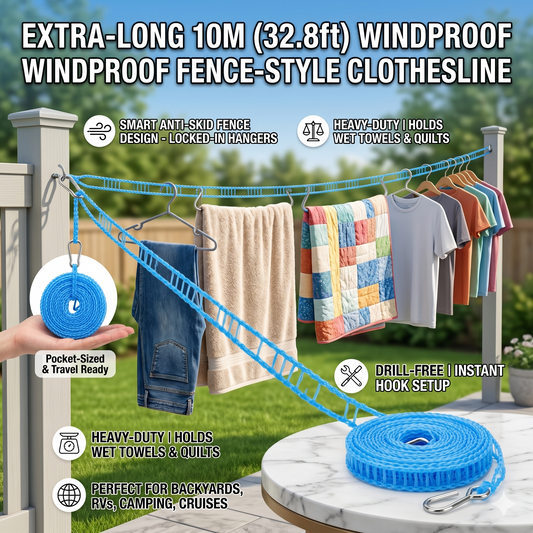 10M (32.8ft) Portable Windproof Clothesline | Retractable Fence-Style Non-Slip Drying Rope with Hooks for Outdoor, Travel, Camping & Home 🧺✨ LGZ