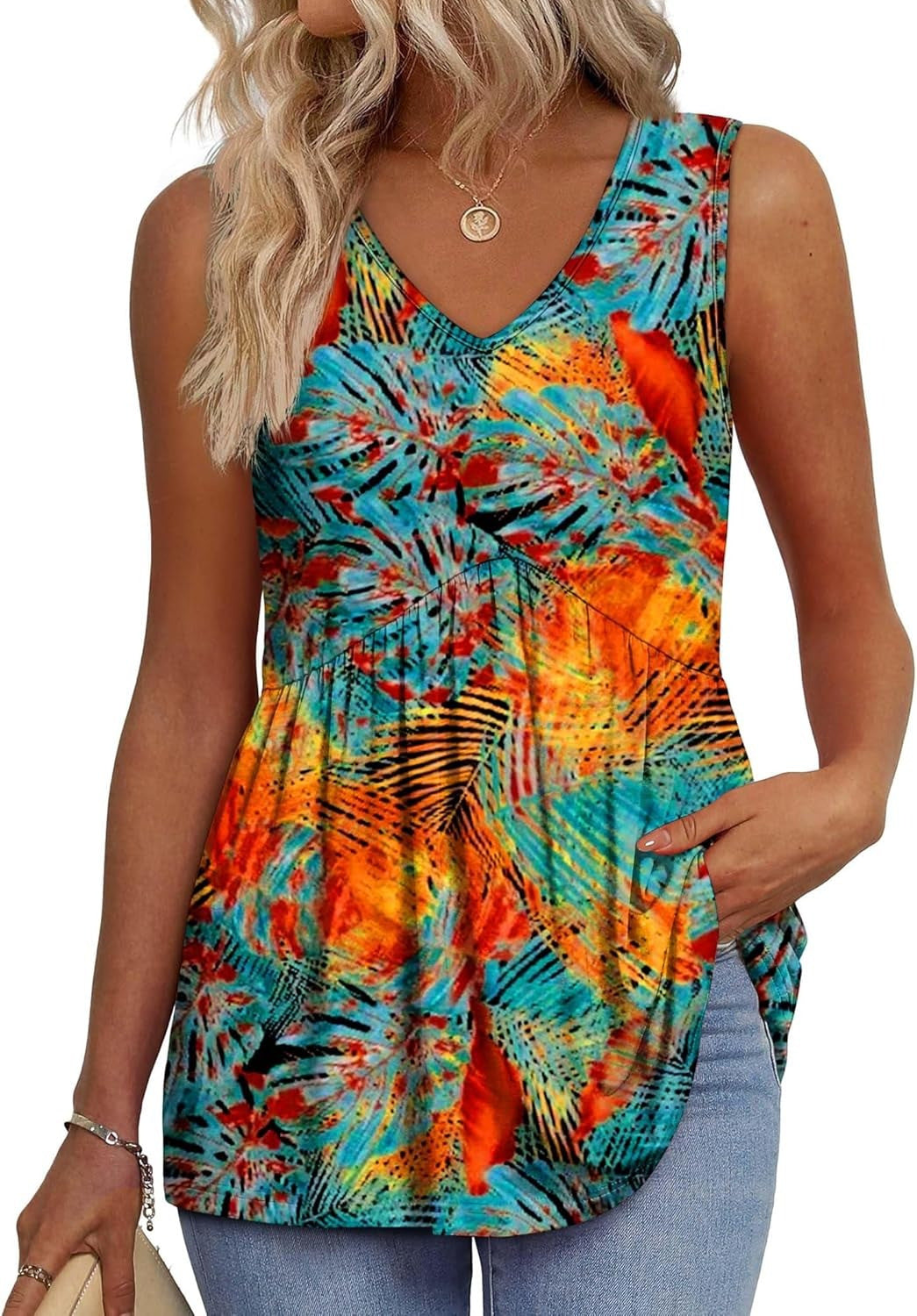 Everyday Comfortable V-neck Sleeveless Pleated Top - Flowy Summer High-End Top in 22 Vibrant Prints and Solid Colors-XXS
