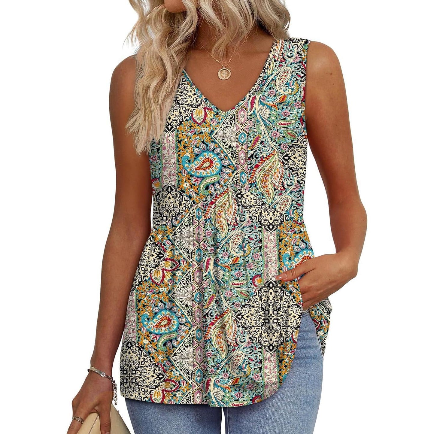 Everyday Comfortable V-neck Sleeveless Pleated Top - Flowy Summer High-End Top in 22 Vibrant Prints and Solid Colors-XXS