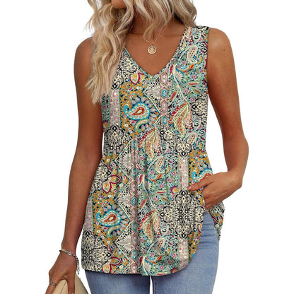 Everyday Comfortable V-neck Sleeveless Pleated Top - Flowy Summer High-End Top in 22 Vibrant Prints and Solid Colors-XXS