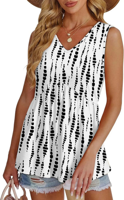 Everyday Comfortable V-neck Sleeveless Pleated Top - Flowy Summer High-End Top in 22 Vibrant Prints and Solid Colors-XXS
