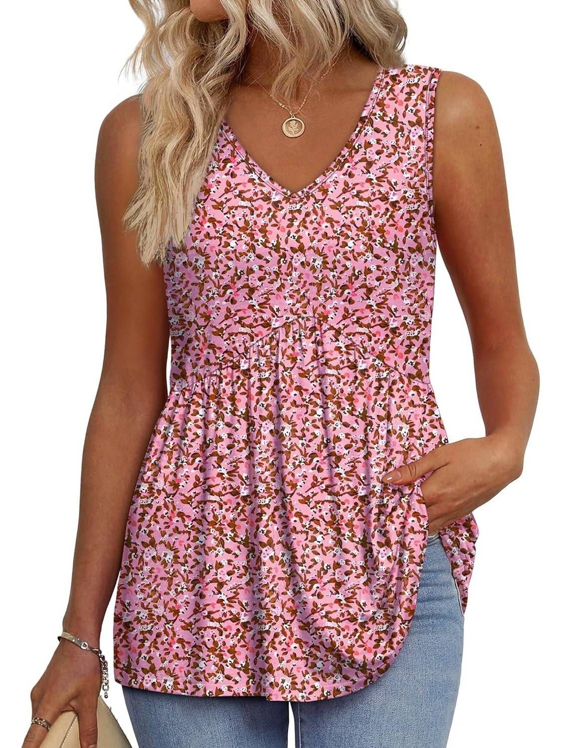 Everyday Comfortable V-neck Sleeveless Pleated Top - Flowy Summer High-End Top in 22 Vibrant Prints and Solid Colors-XXS