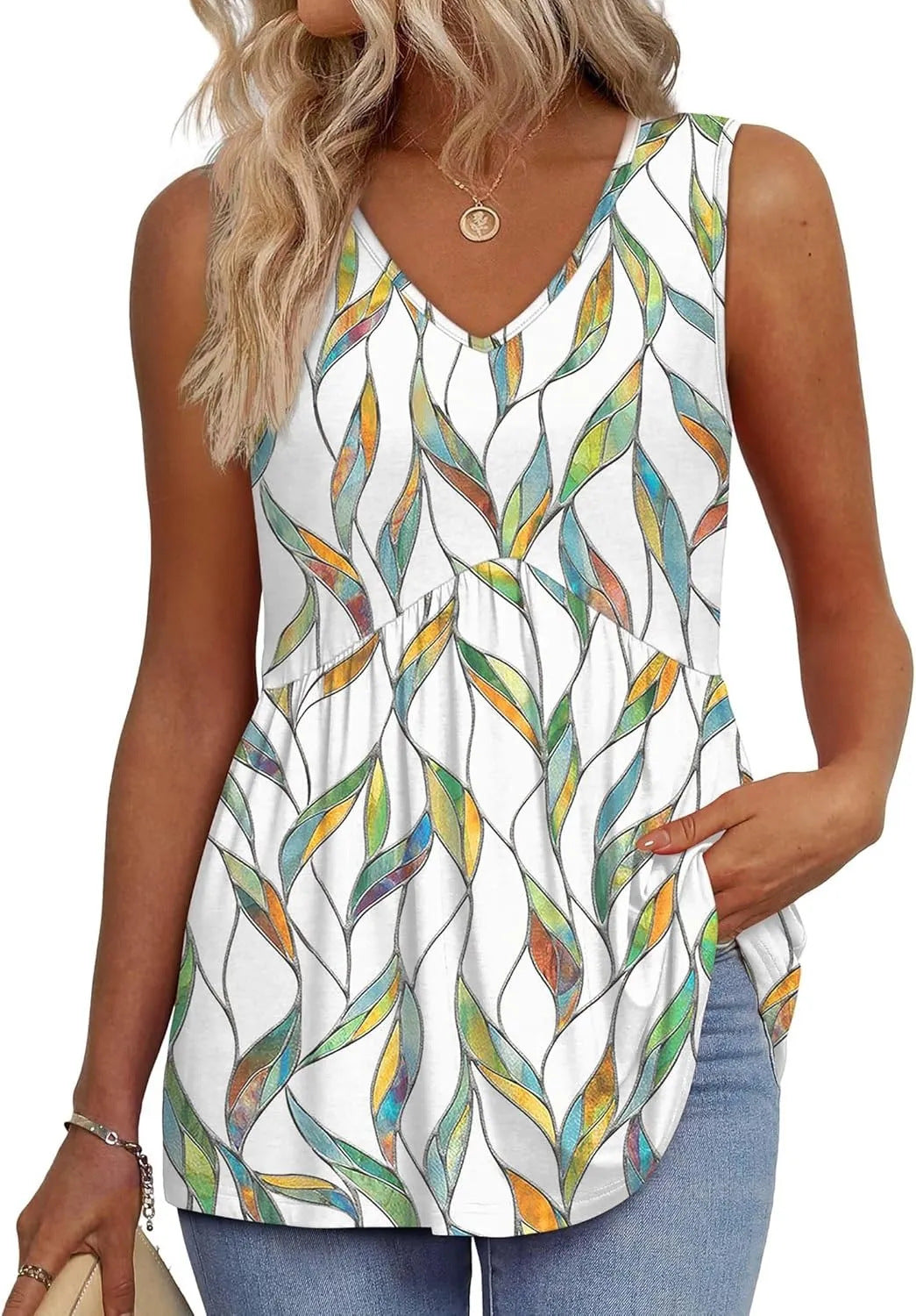 Everyday Comfortable V-neck Sleeveless Pleated Top - Flowy Summer High-End Top in 22 Vibrant Prints and Solid Colors-XXS