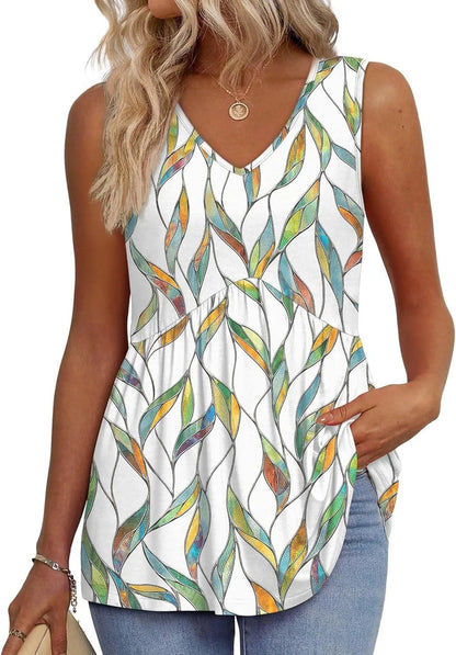Everyday Comfortable V-neck Sleeveless Pleated Top - Flowy Summer High-End Top in 22 Vibrant Prints and Solid Colors-XXS