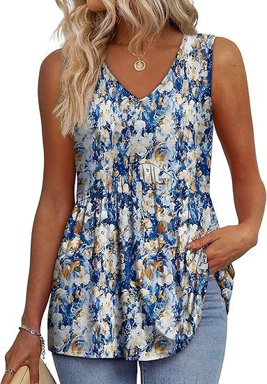 Everyday Comfortable V-neck Sleeveless Pleated Top - Flowy Summer High-End Top in 22 Vibrant Prints and Solid Colors-XXS