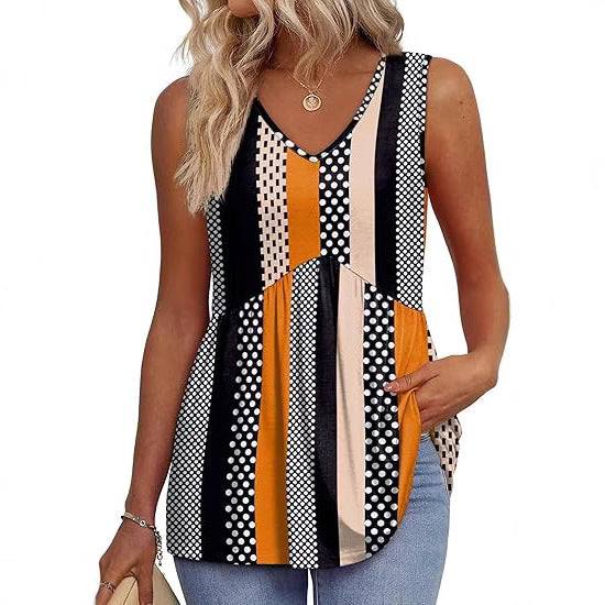 Everyday Comfortable V-neck Sleeveless Pleated Top - Flowy Summer High-End Top in 22 Vibrant Prints and Solid Colors-XXS