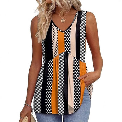 Everyday Comfortable V-neck Sleeveless Pleated Top - Flowy Summer High-End Top in 22 Vibrant Prints and Solid Colors-XXS