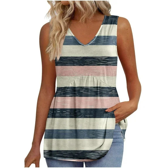 Everyday Comfortable V-neck Sleeveless Pleated Top - Flowy Summer High-End Top in 22 Vibrant Prints and Solid Colors-XXS