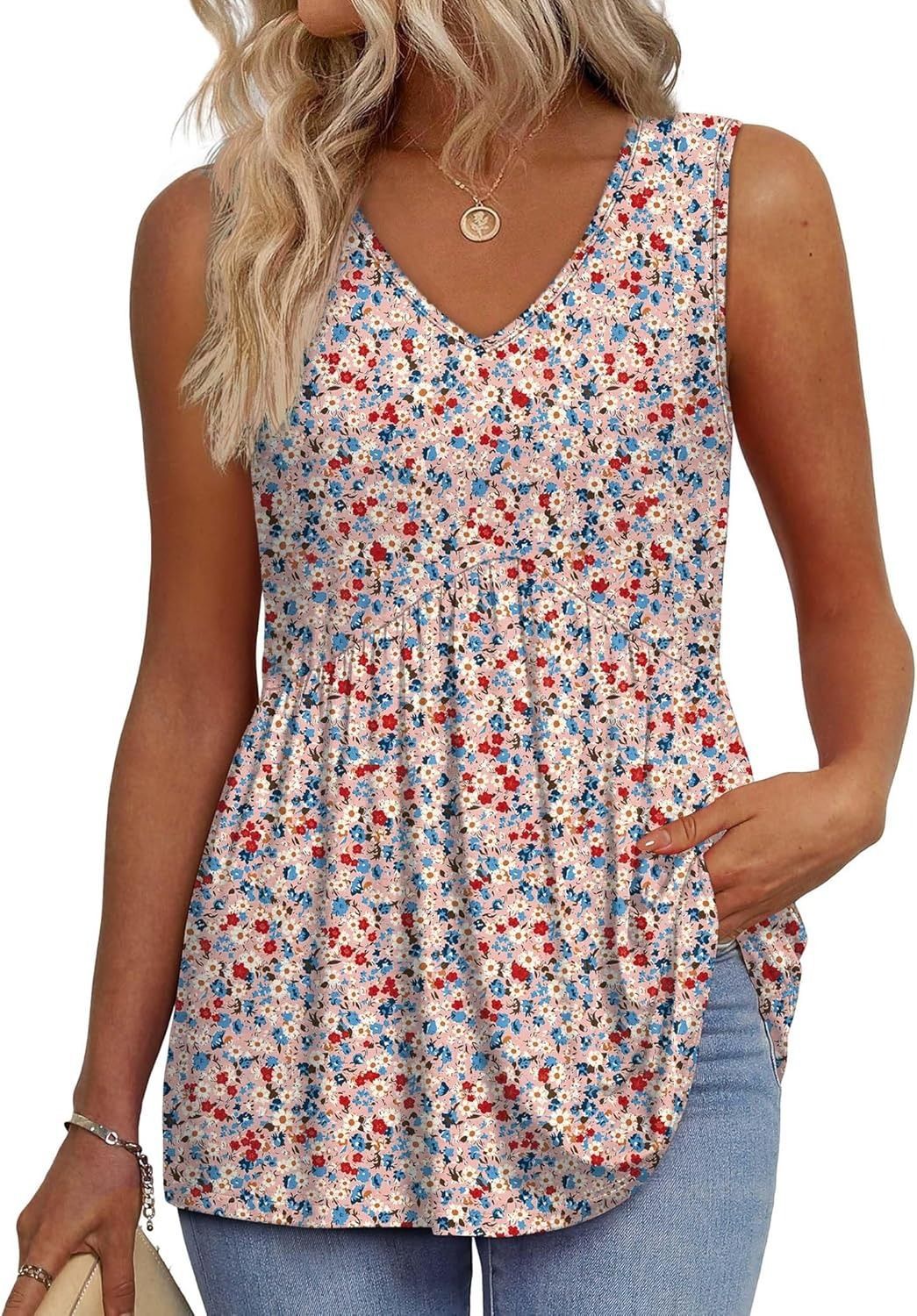 Everyday Comfortable V-neck Sleeveless Pleated Top - Flowy Summer High-End Top in 22 Vibrant Prints and Solid Colors-XXS