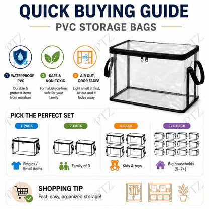 Clear PVC Storage Bags with Zipper, Waterproof Foldable Organizer for Clothes, Toys, and Household Items-TTT